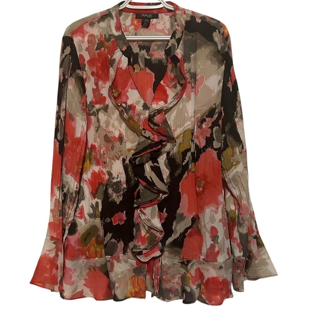 Style & Co. Women's Black Yellow Tan Pink Ruffled Button Front Blouse Size‎ 16W